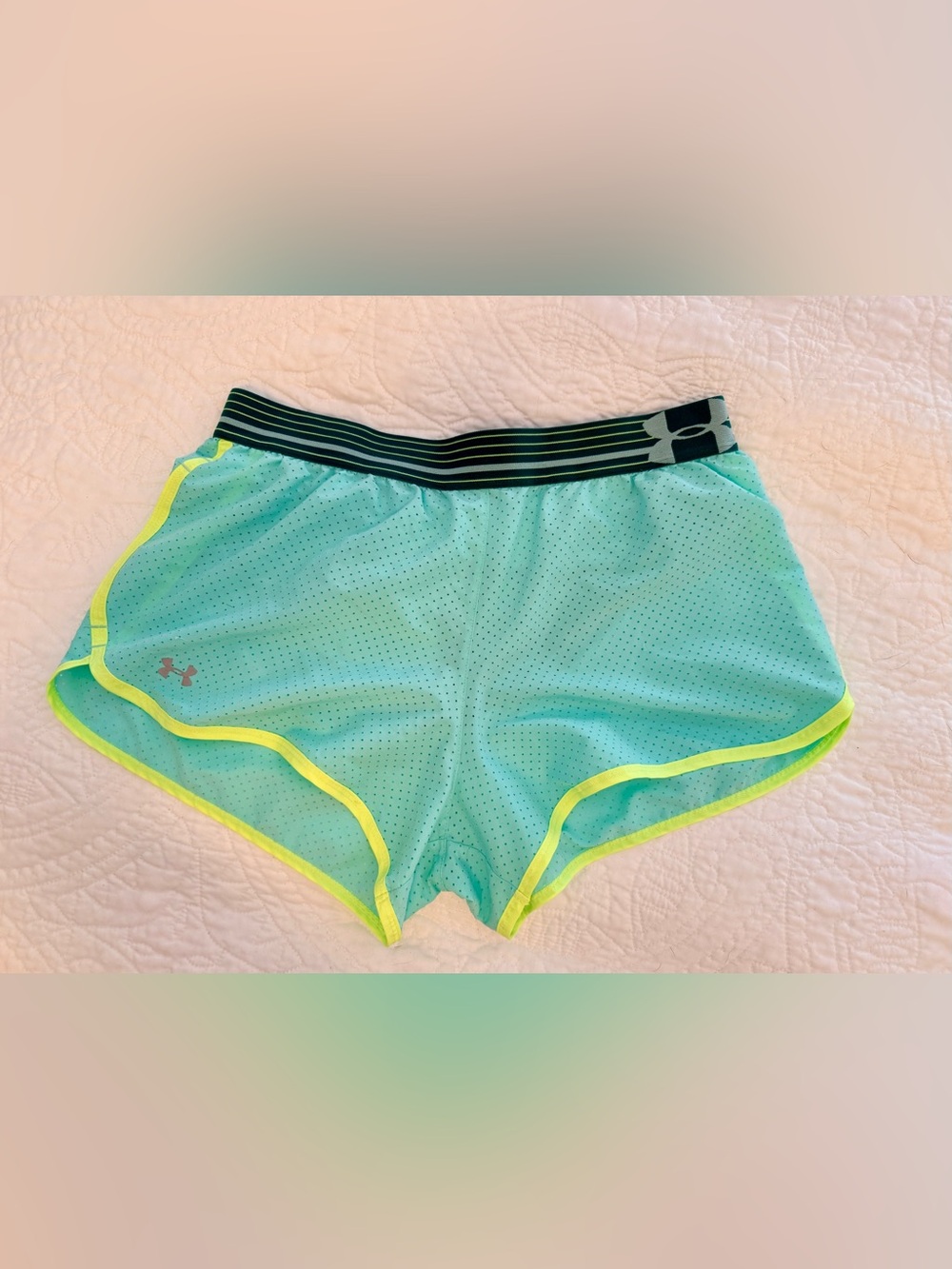 Under Armour Women's Mint Green Running Shorts with Neon Yellow Trim